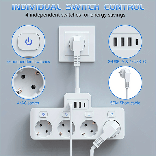 Gama de alimentação de interruptor independente multifuncional, com quatro tomadas UE (220-250V/16A) Três portas USB 1 tipo C, cabo de extensão, adequado para escritório, cozinha, sala de estar e viag