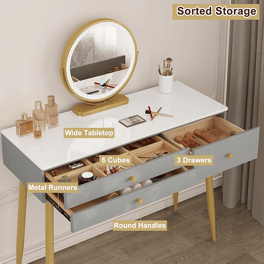 Mesa de toucador com 3 gavetas, secretária grande 100 x 40 cm, vidro de mesa maquilhagem com espelho de luz regulável em 3 níveis, cadeira ajustável no encosto de veludo, branco creme+d...