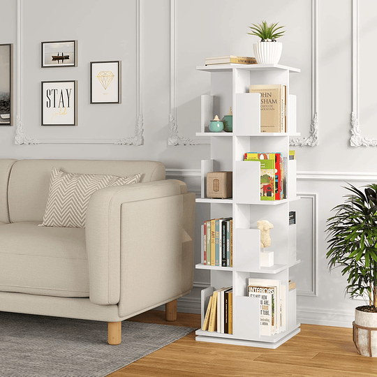 Prateleira giratória para livros de árvore prateleira decorativa 360 ° de chão para escritório livraria com 4 níveis MDF branco 39 x 39 x 128 cm 