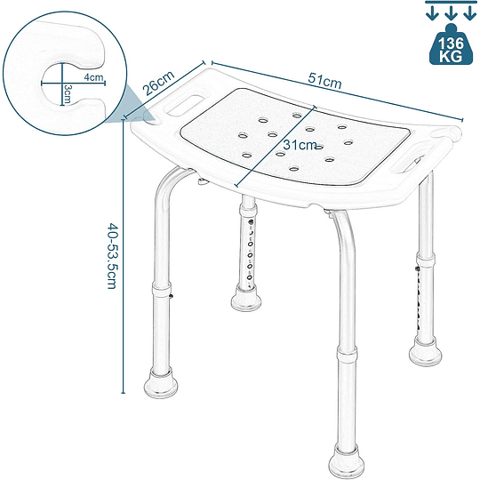 Cadeira de duche para idosos, tamborete de casa de banho com encosto, banco duche para idosos, balcões antiderrapantes, assento suave, para idosos e gravidezes, branco azul