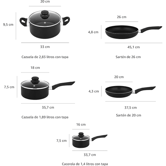 Conjunto de utensílios de cozinha antiaderentes, 8 unidades (5 panelas + 3 tampas), preto