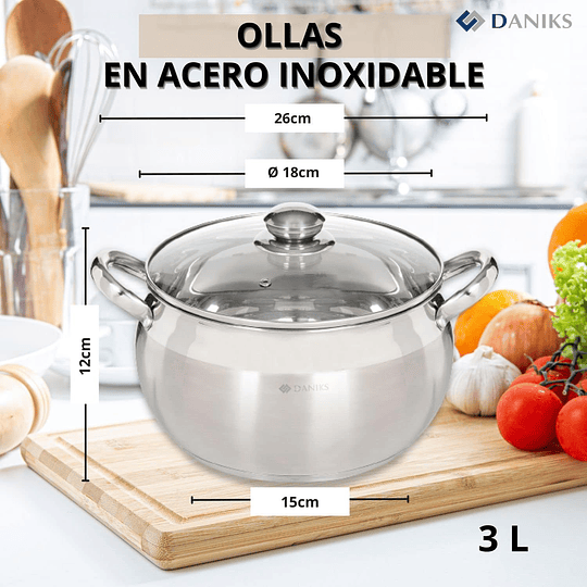 Conjunto de panelas de aço inoxidável com tampa de vidro, panela de indução, escala de medição, 2 L + 3 L + 4 L | prateado