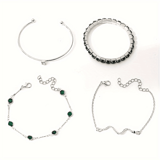 Conjunto De 4 Peças De Elegantes Pulseiras De Serpente Com Corrente De Garra De Imitação De Pedra Preciosa Verde E Strass, Bracelete Aberto Para Mulheres