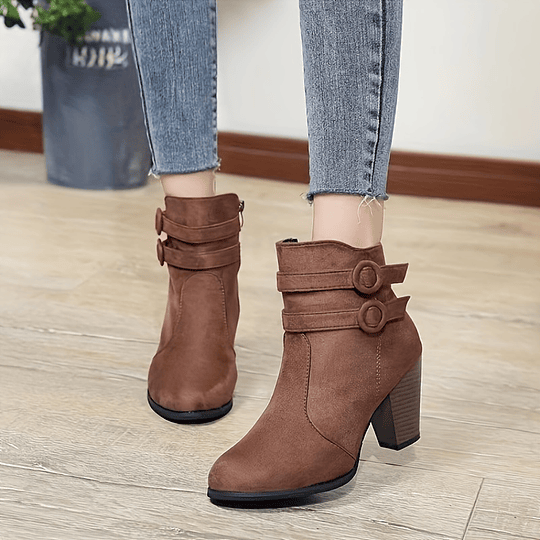 Botas Curtas De Salto Bloco Feminino, Botas Casuais Com Zíper Lateral E Fivela, Botas Confortáveis ​​no Tornozelo