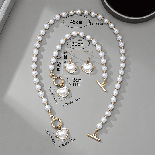 Conjunto de Colar, Brincos e Pulseira Elegante com Pérolas Artificiais em Forma de Coração - Ideal para o Dia-a-Dia, Festas e Casamentos