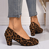 Sapatos de salto alto com estampado de leopardo para mulheres - Estilo casual, salto alto, biqueira lisa, parte superior em flanela, sola de borracha, palmilha confortável, disponí...