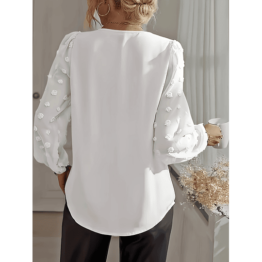 Blusa elegante com decote em V e mangas compridas em malha de pontos suíços, ideal para a primavera e o outono, roupa feminina