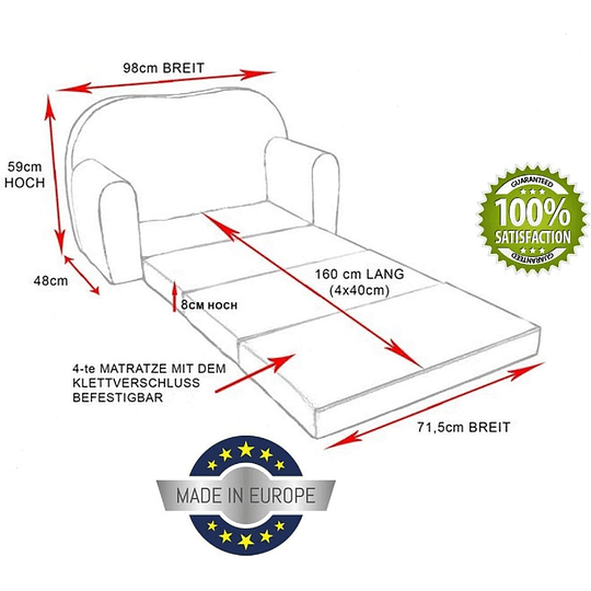 Conjunto de sofá infantil 3 em 1 banqueta acolchoada e almofada A5 sofá, cama para crianças, cinzento 168 x 98 x 60 cm