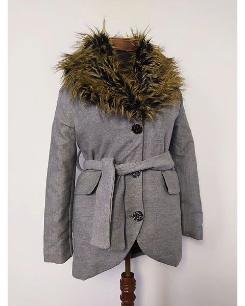 Abrigo mujer chaqueta gris con cinturon cuello piel TALLA XS/S