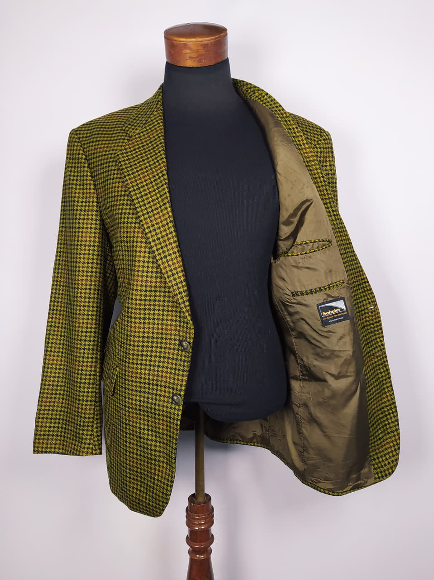 BLAZER LANA VIRGEN SCHULER – HOUNDSTOOTH MOSTAZA/OLIVA – TALLA L/XL – SASTRERÍA ALEMANA PREMIUM 5