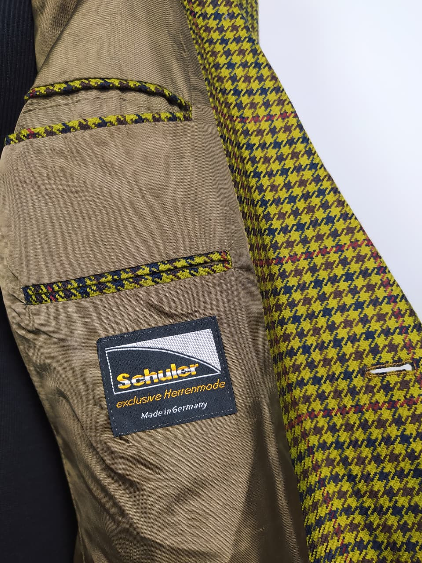 BLAZER LANA VIRGEN SCHULER – HOUNDSTOOTH MOSTAZA/OLIVA – TALLA L/XL – SASTRERÍA ALEMANA PREMIUM 4
