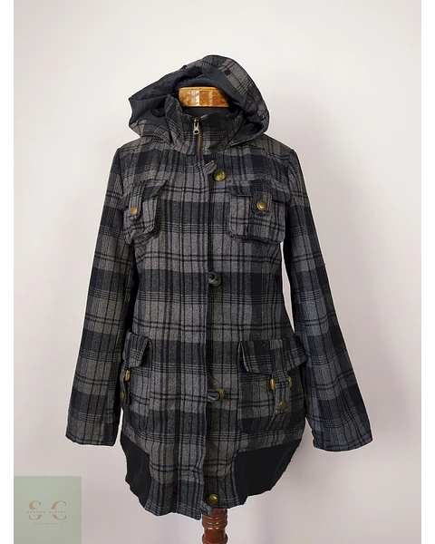 Abrigo mujer lana Cuadrillé Gris con Capucha TALLA SM
