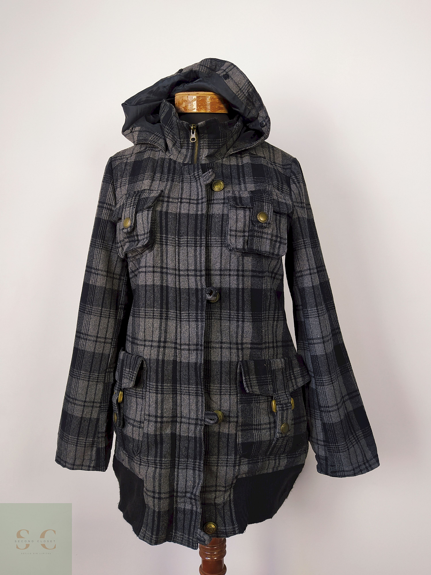 Abrigo Plomo cuadros Talla S 1