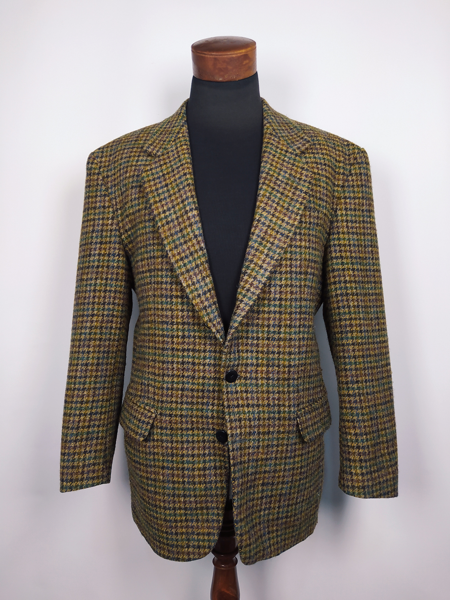 HARRIS TWEED HANDWOVEN ORB CERTIFICATE – Houndstooth Clásico Outer Hebrides – Talla XL – Pieza de Colección 90s 2