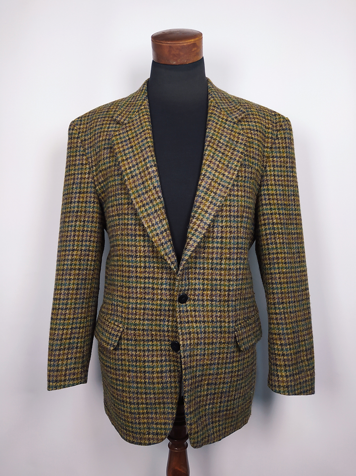 HARRIS TWEED HANDWOVEN ORB CERTIFICATE – Houndstooth Clásico Outer Hebrides – Talla XL – Pieza de Colección 90s 2