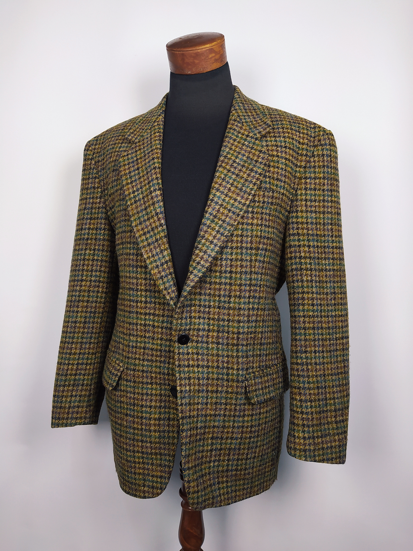HARRIS TWEED HANDWOVEN ORB CERTIFICATE – Houndstooth Clásico Outer Hebrides – Talla XL – Pieza de Colección 90s 1