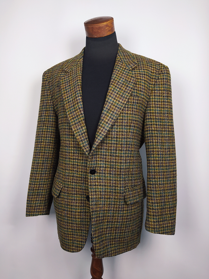 HARRIS TWEED HANDWOVEN ORB CERTIFICATE – Houndstooth Clásico Outer Hebrides – Talla XL – Pieza de Colección 90s 1