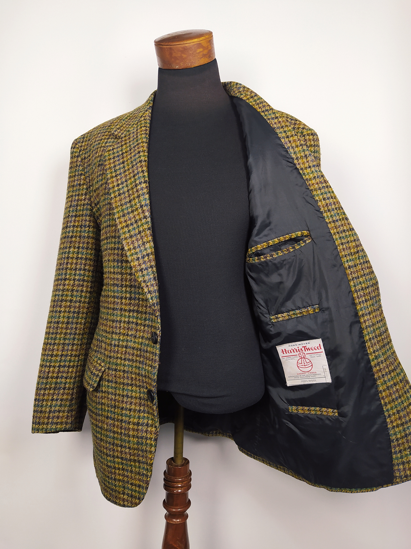 HARRIS TWEED HANDWOVEN ORB CERTIFICATE – Houndstooth Clásico Outer Hebrides – Talla XL – Pieza de Colección 90s 3