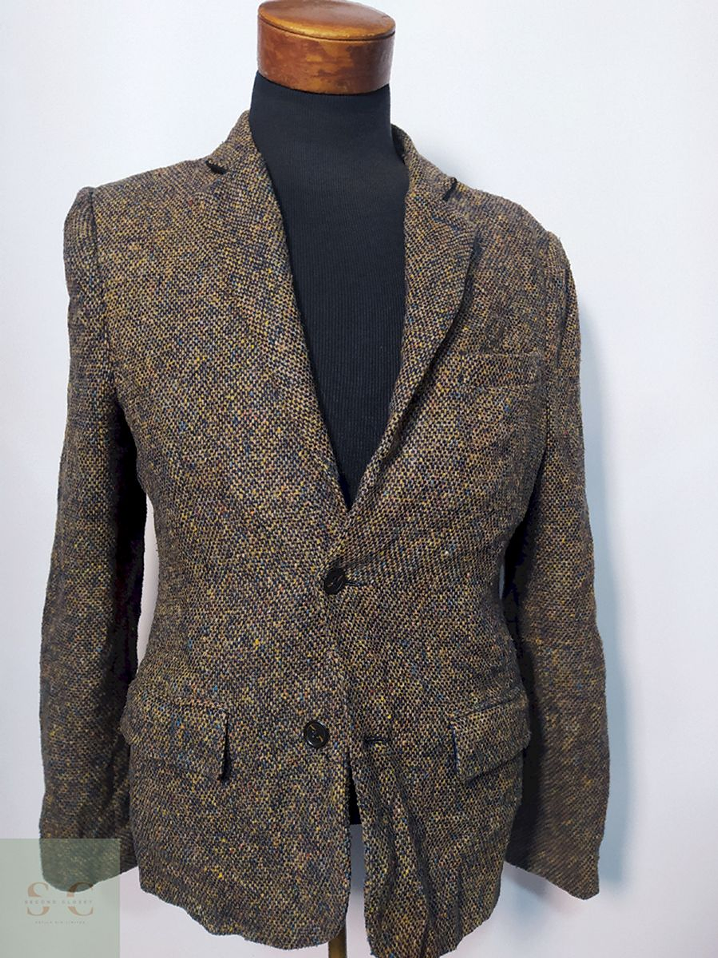 Blazer / Vestón Tweed Ligero Café con Coderas – Talla SM 1