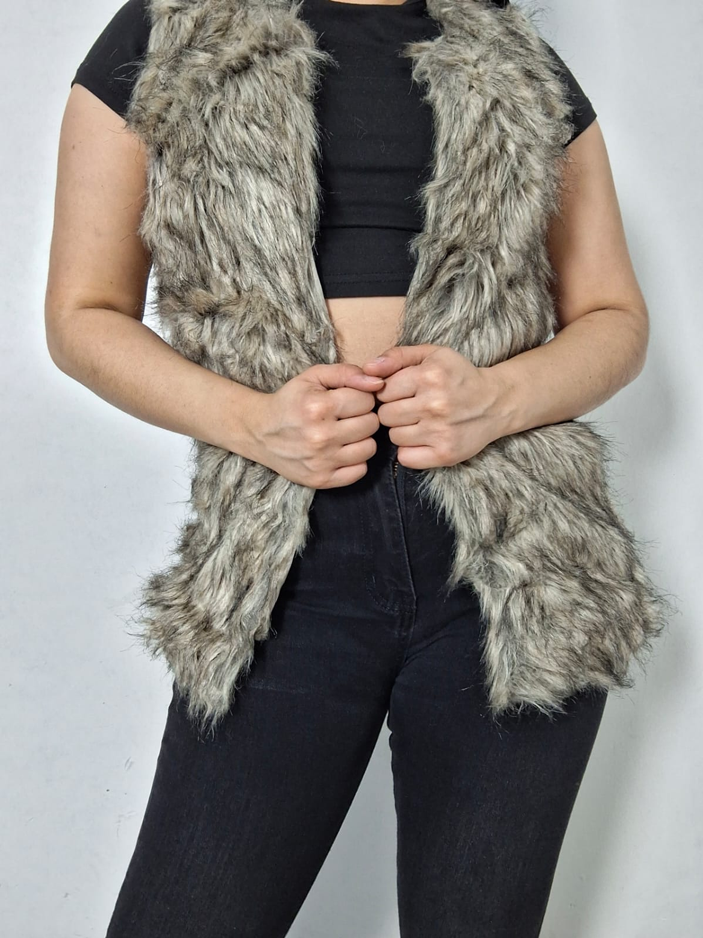 Chaleco eco piel Vintage gris jaspeado con broches TALLA XS/S 1