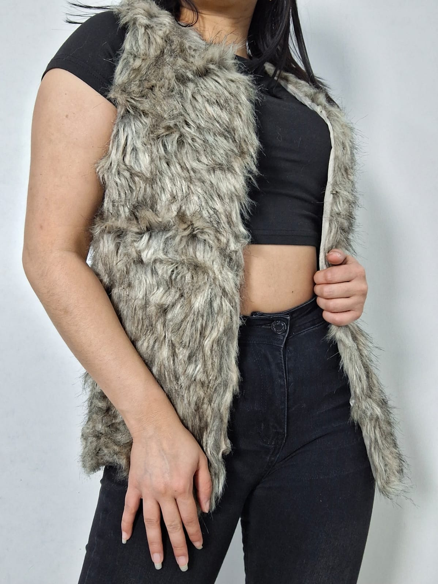 Chaleco eco piel Vintage gris jaspeado con broches TALLA XS/S 3