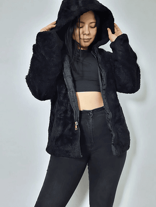 Abrigo eco piel negro con capucha TALLA M