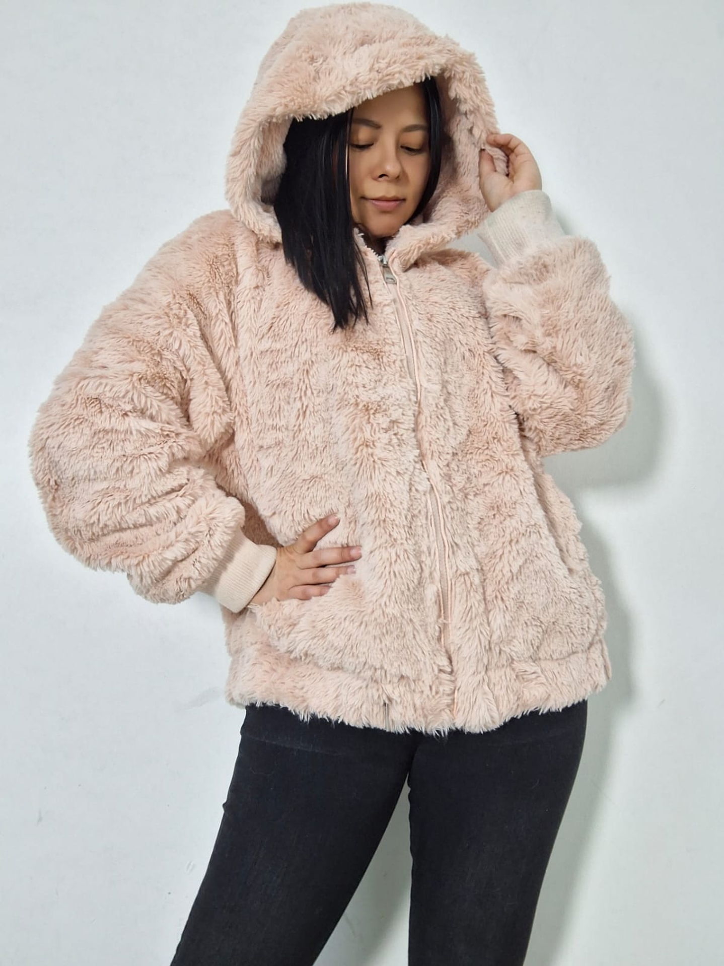 Abrigo eco piel Hailys rosa con capucha TALLA XL 3