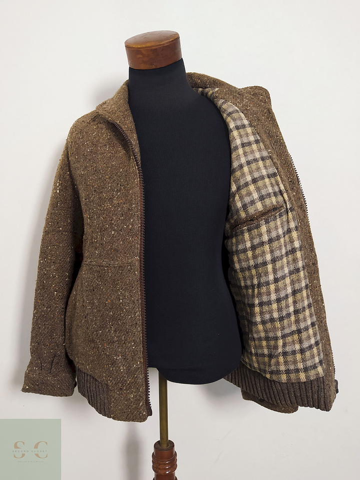 Chaqueta Lana Virgen Café con Forro Cuadrillé – Talla M 2