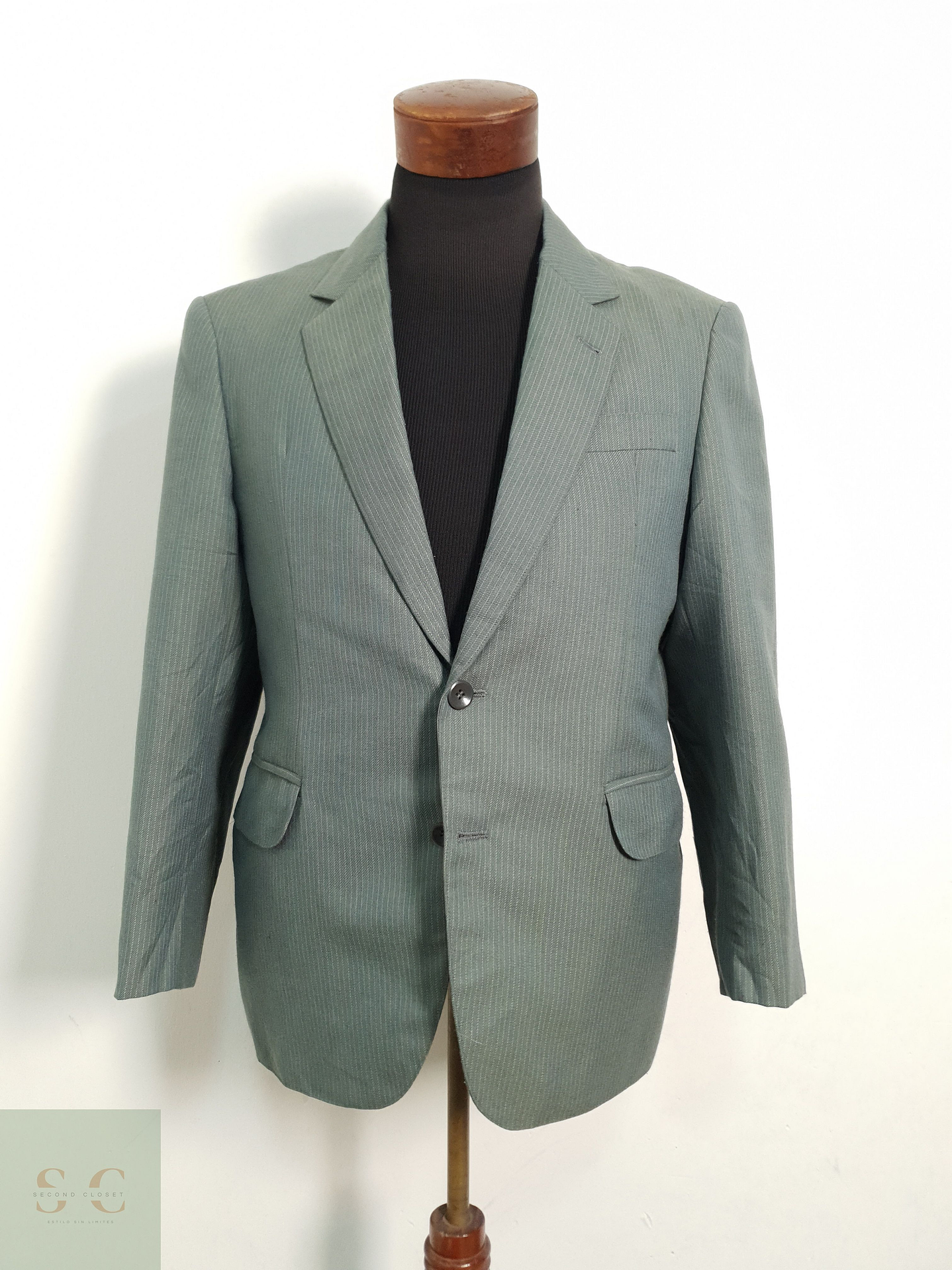 Veston Verde rayado vintage Lana Talla M 1