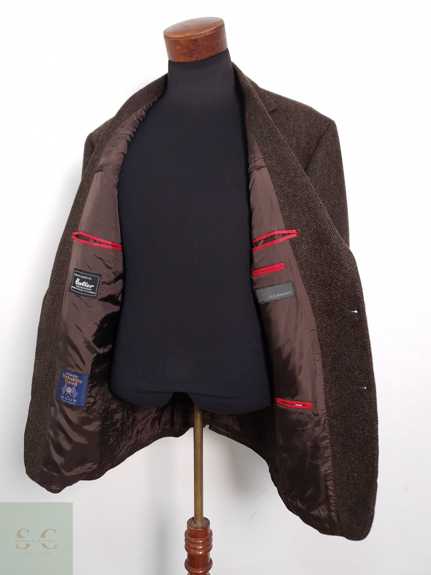 Blazer Odenmark-Haller Yorkshire Tweed by Moon 100 lana virgen café tweed Talla XL 1