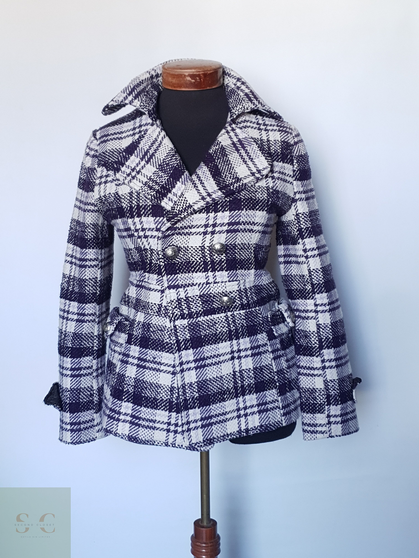 Abrigo Chaqueta Mujer lana Cuadros Violeta Talla XS/S 4