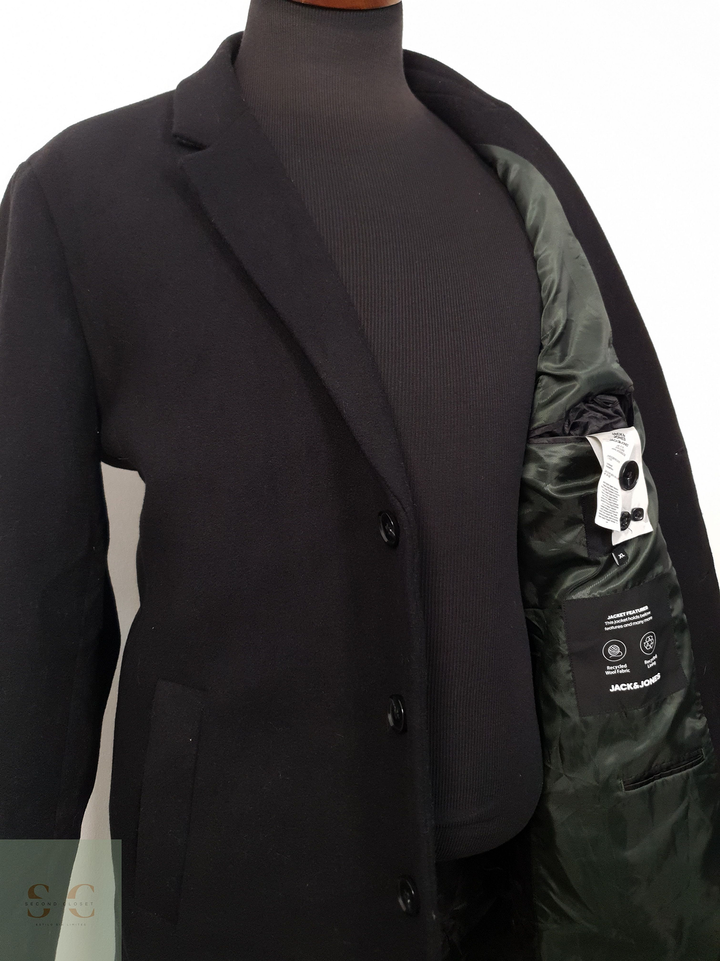 Abrigo Hombre Jack & Jones mezcla lana Negro Talla L 9