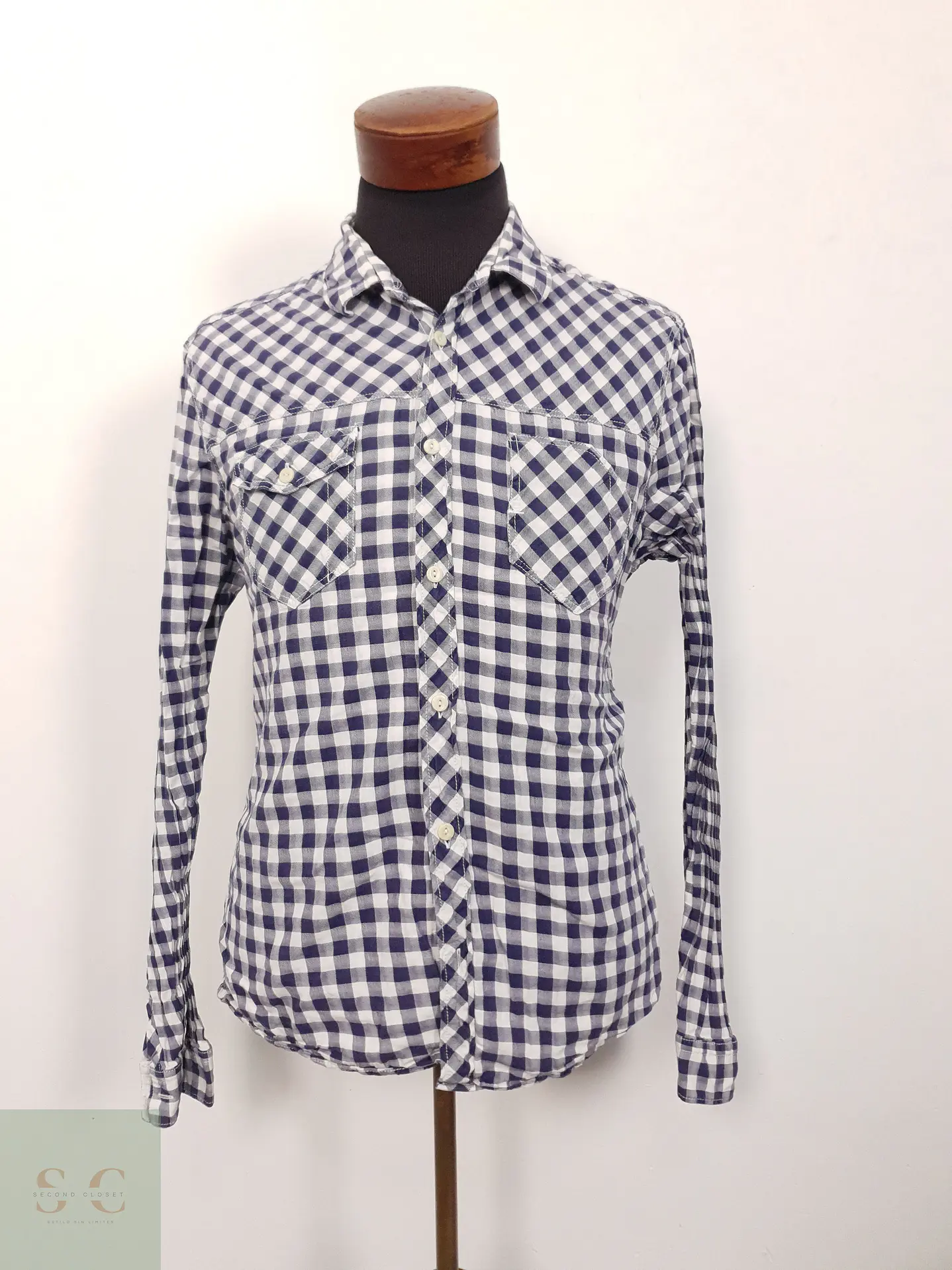 Camisa Hombre H&M Azul Blanco Cuadros Talla L SLIM 1