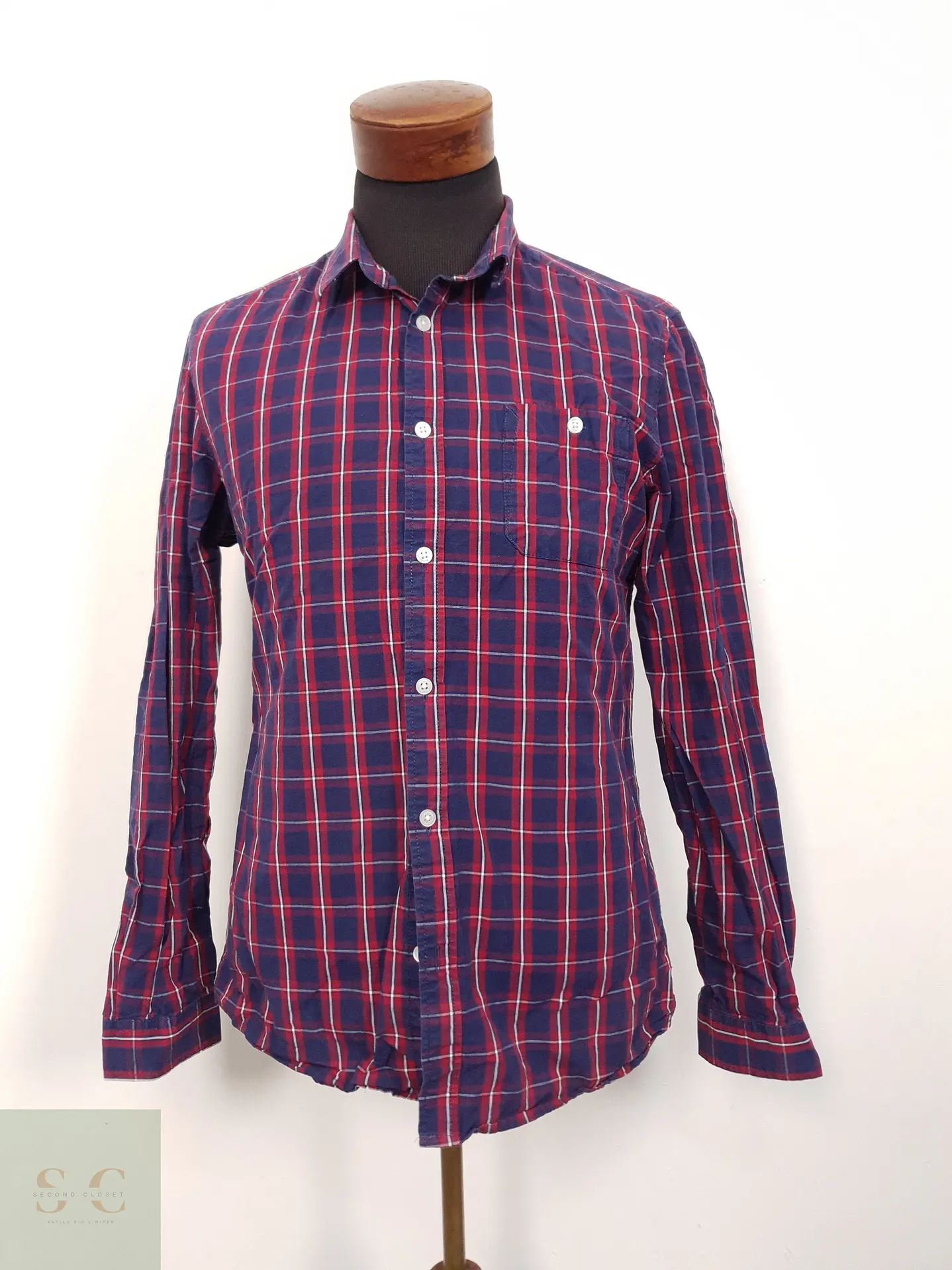 Camisa Hombre Clockhouse Rojo Azul Cuadros Talla L SLIM 1