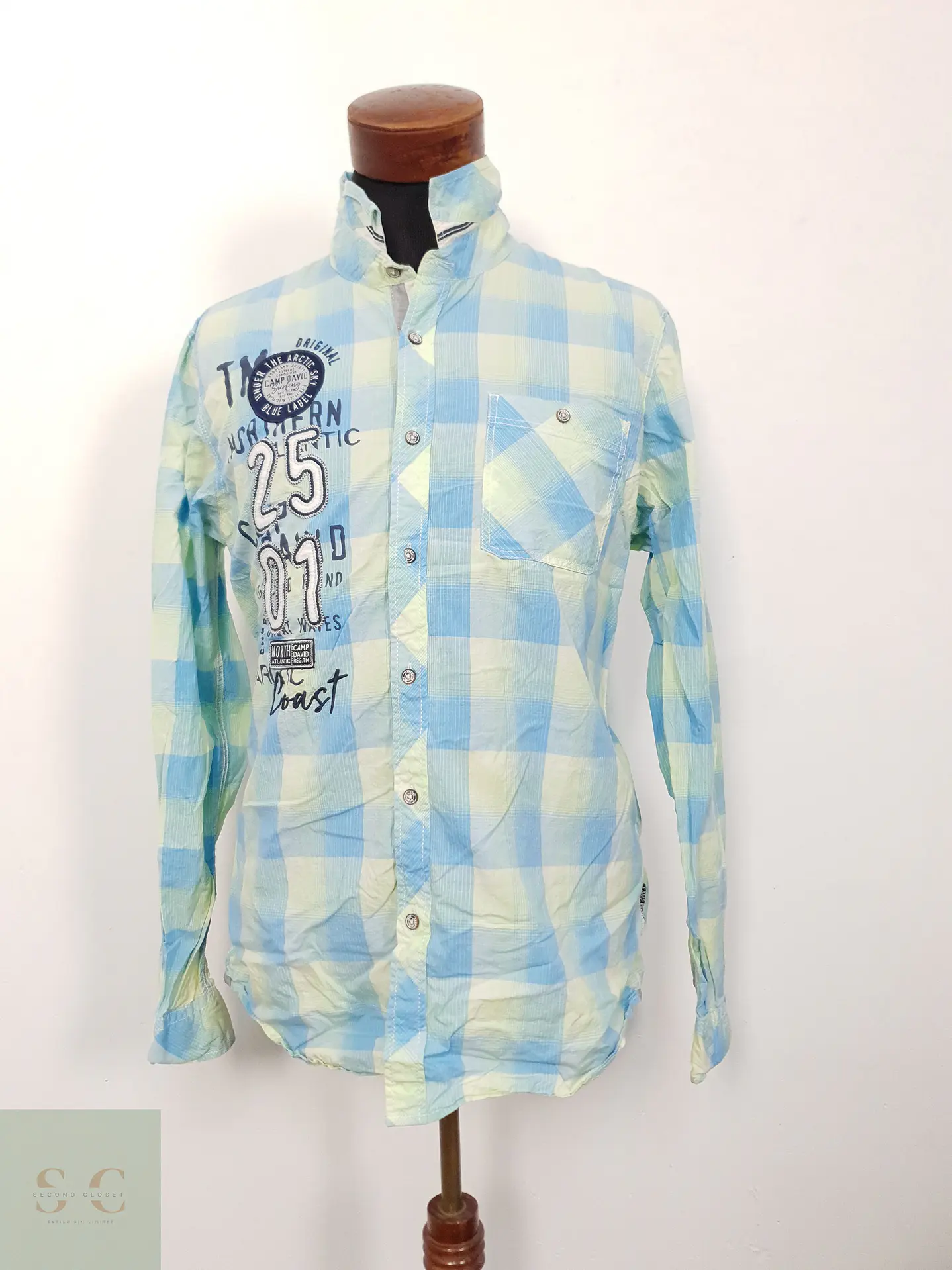 Camisa Hombre Camp David Verde Celeste Cuadros Talla L 1