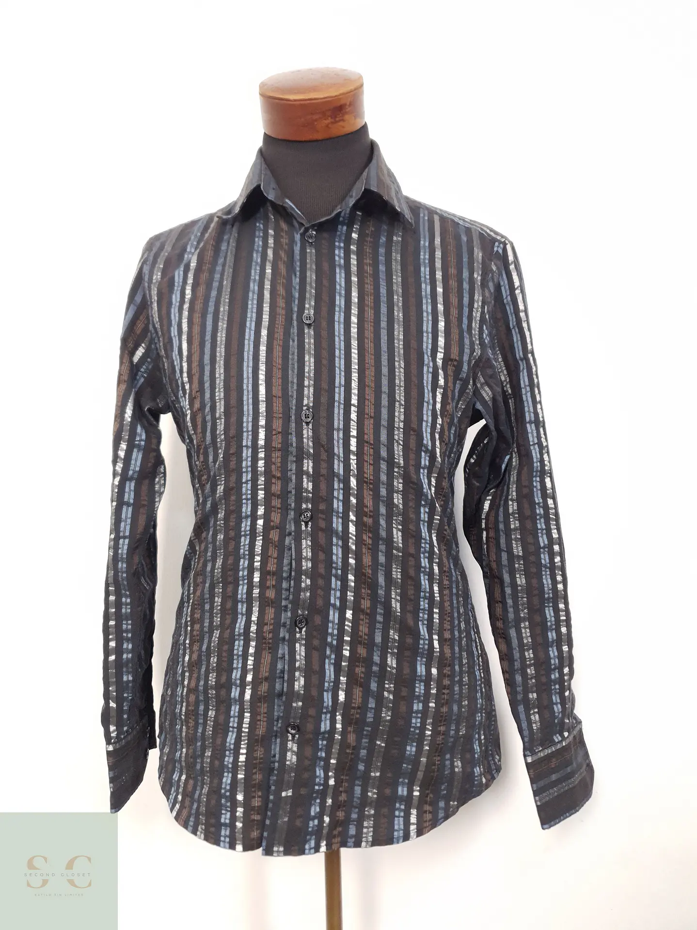 Camisa Hombre H&M Negro Café Azul Rayas Talla M 1