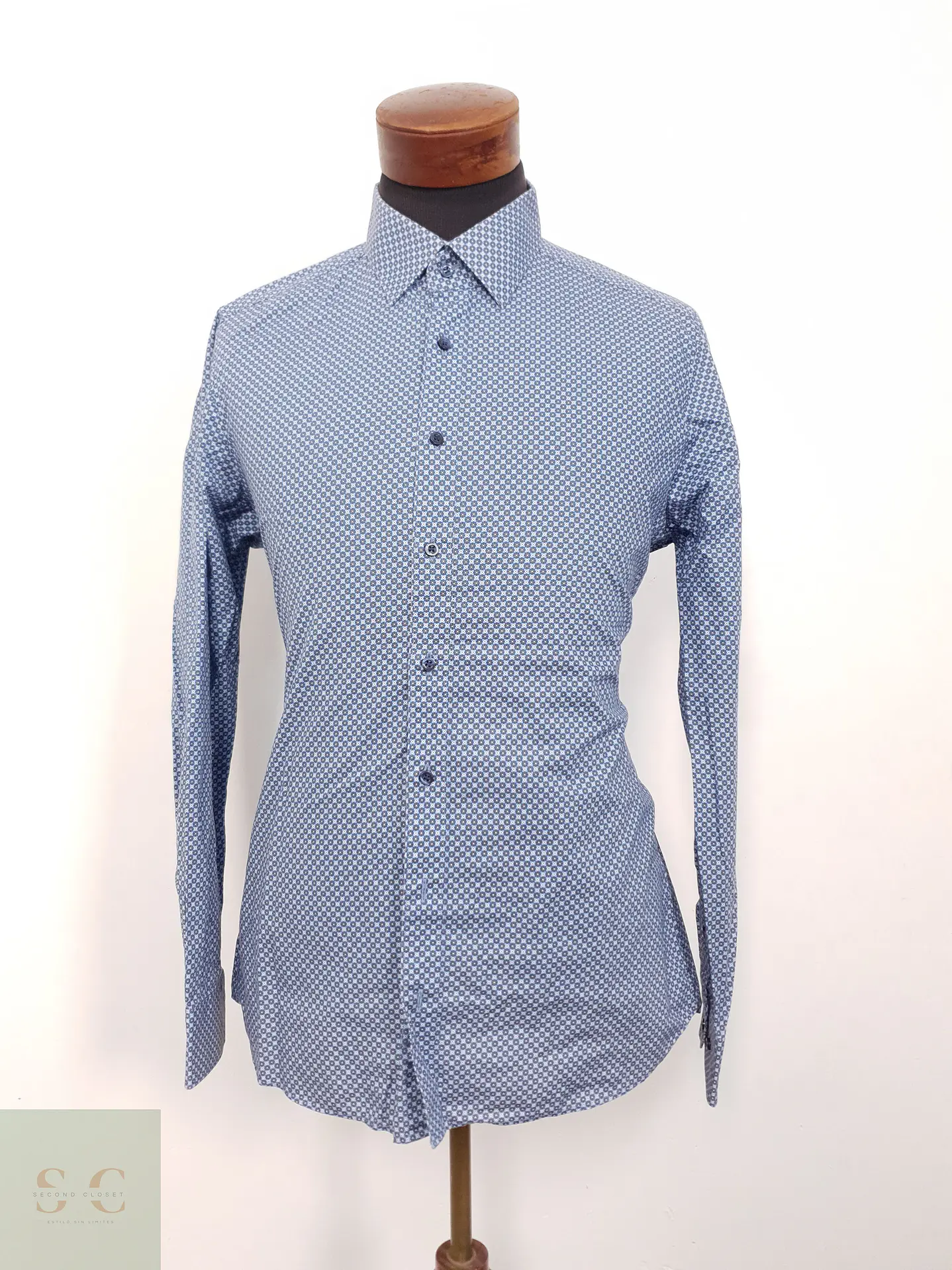 Camisa Hombre Olymp Azul Microcuadros Talla M 1