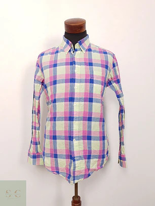 Camisa Hombre Gant Azul Amarillo Mezcla Lino Cuadros Talla L