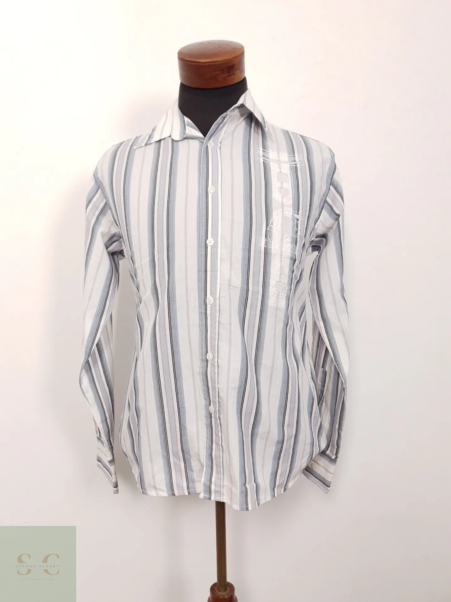 Camisa Hombre Southern Blanca Azul Gris Rayas Talla S 1