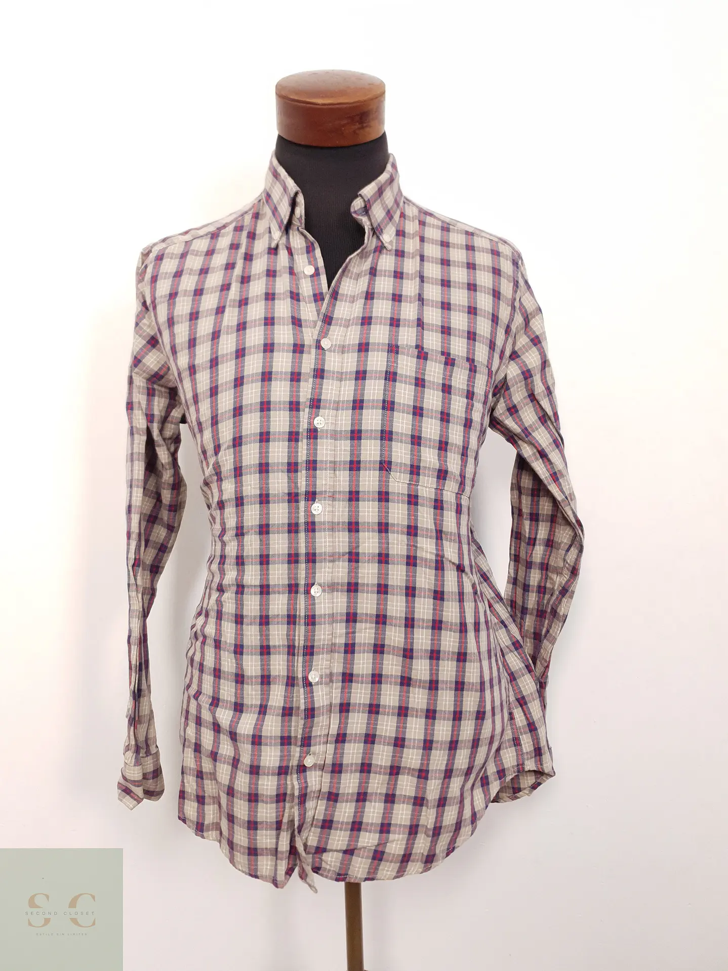 Camisa Hombre Canda Rojo Beige Azul Cuadros Talla M 1