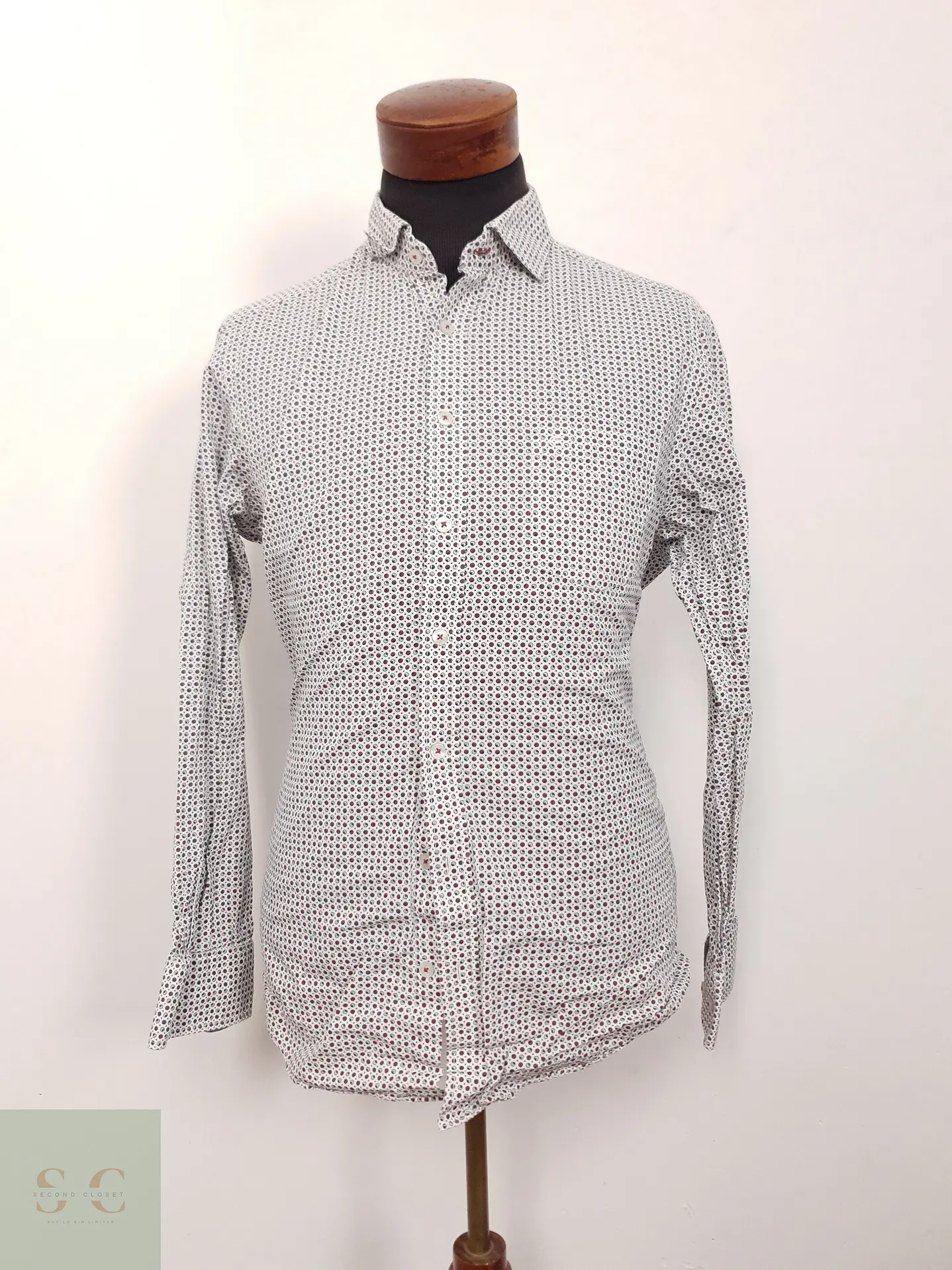 Camisa Hombre Casamoda Blanco Lunares Rojo Gris Talla L 1