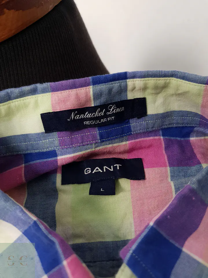 Camisa Hombre Gant Azul Amarillo Mezcla Lino Cuadros Talla L 3