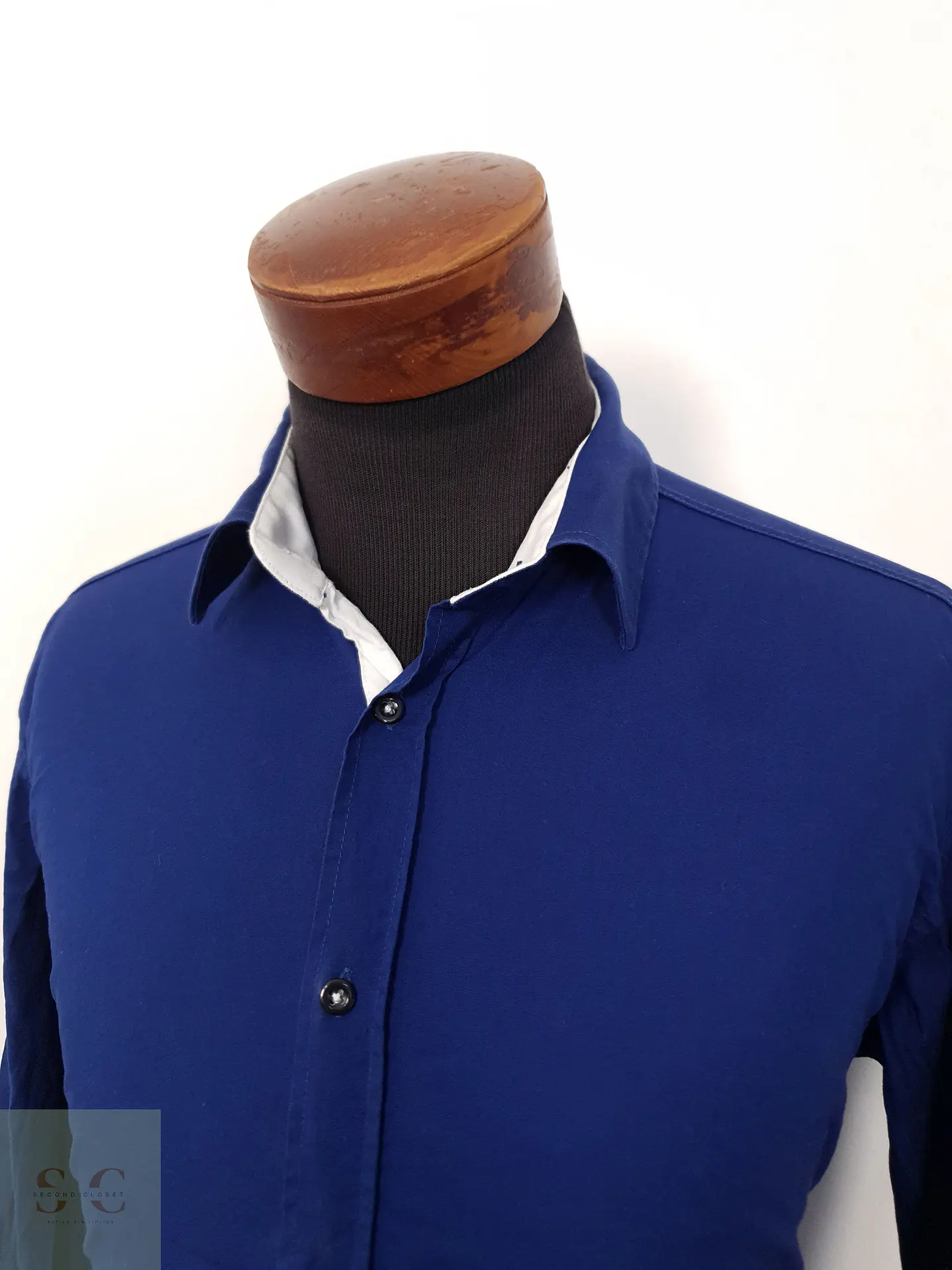 Camisa Hombre Vintage Azul Liso Talla XL 3