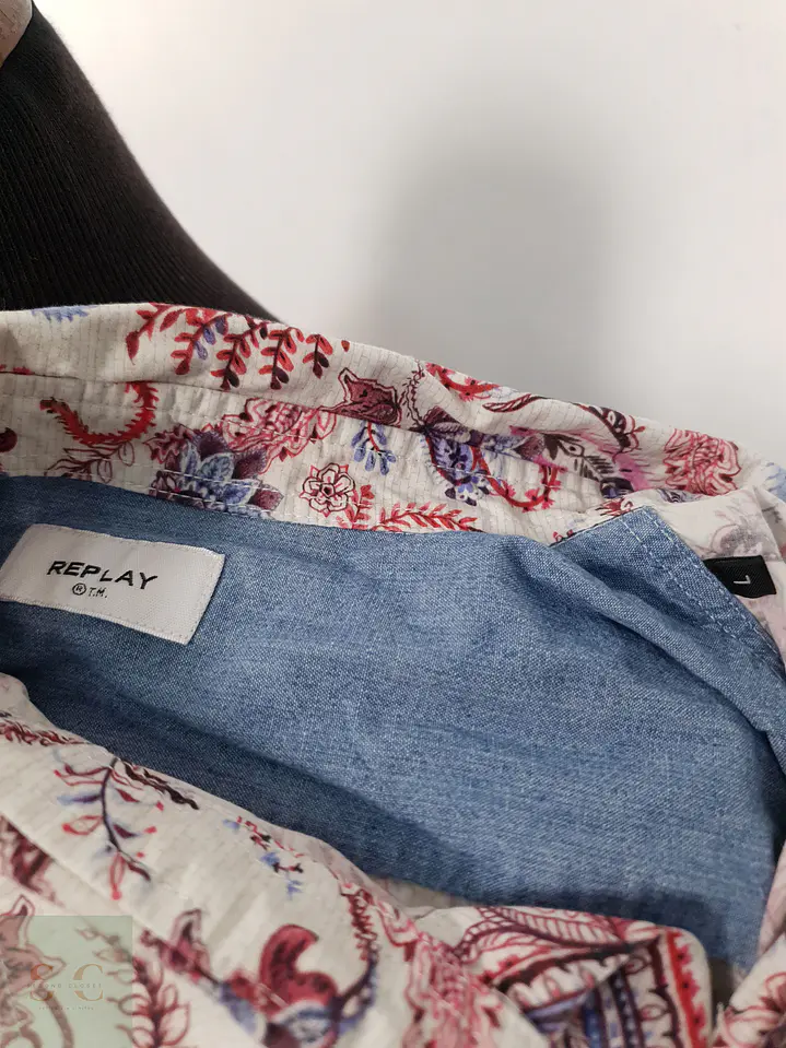 Camisa Hombre Replay Rojo Rosa Blanco Paisley Talla L SLIM 3