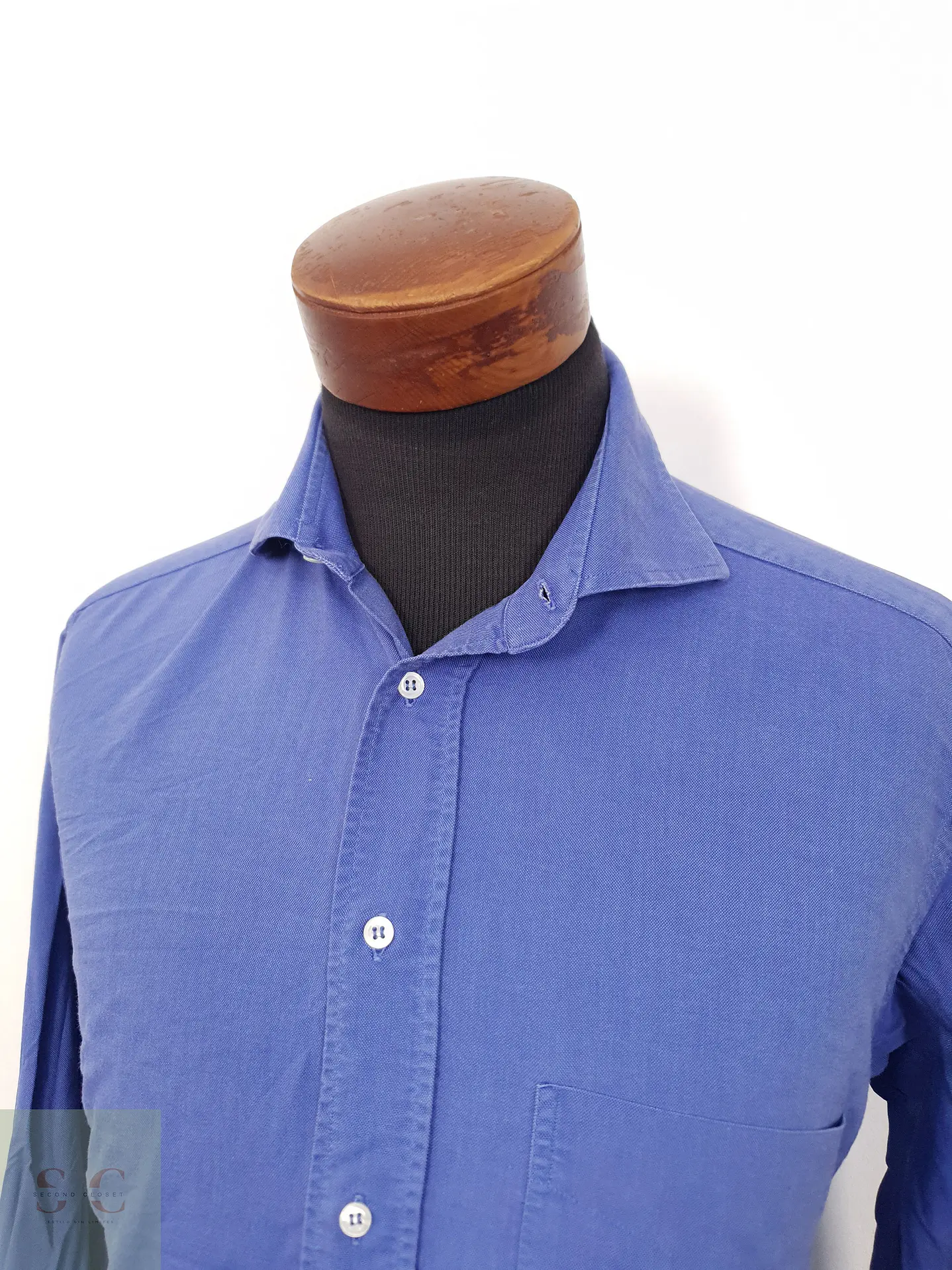 Camisa Hombre Vintage Azul Liso Talla M 3