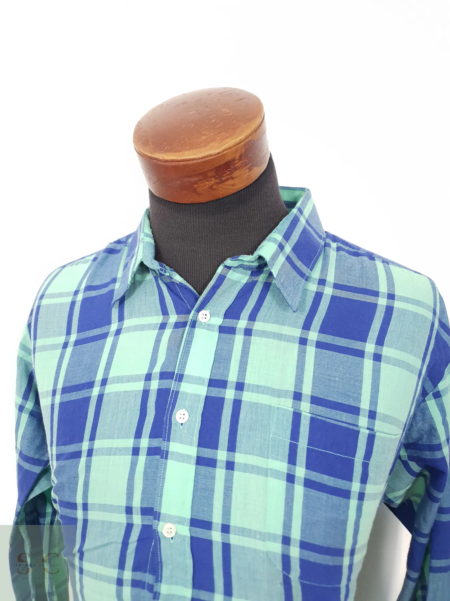 Camisa Hombre Vintage Azul Verde Cuadros Talla XL 2