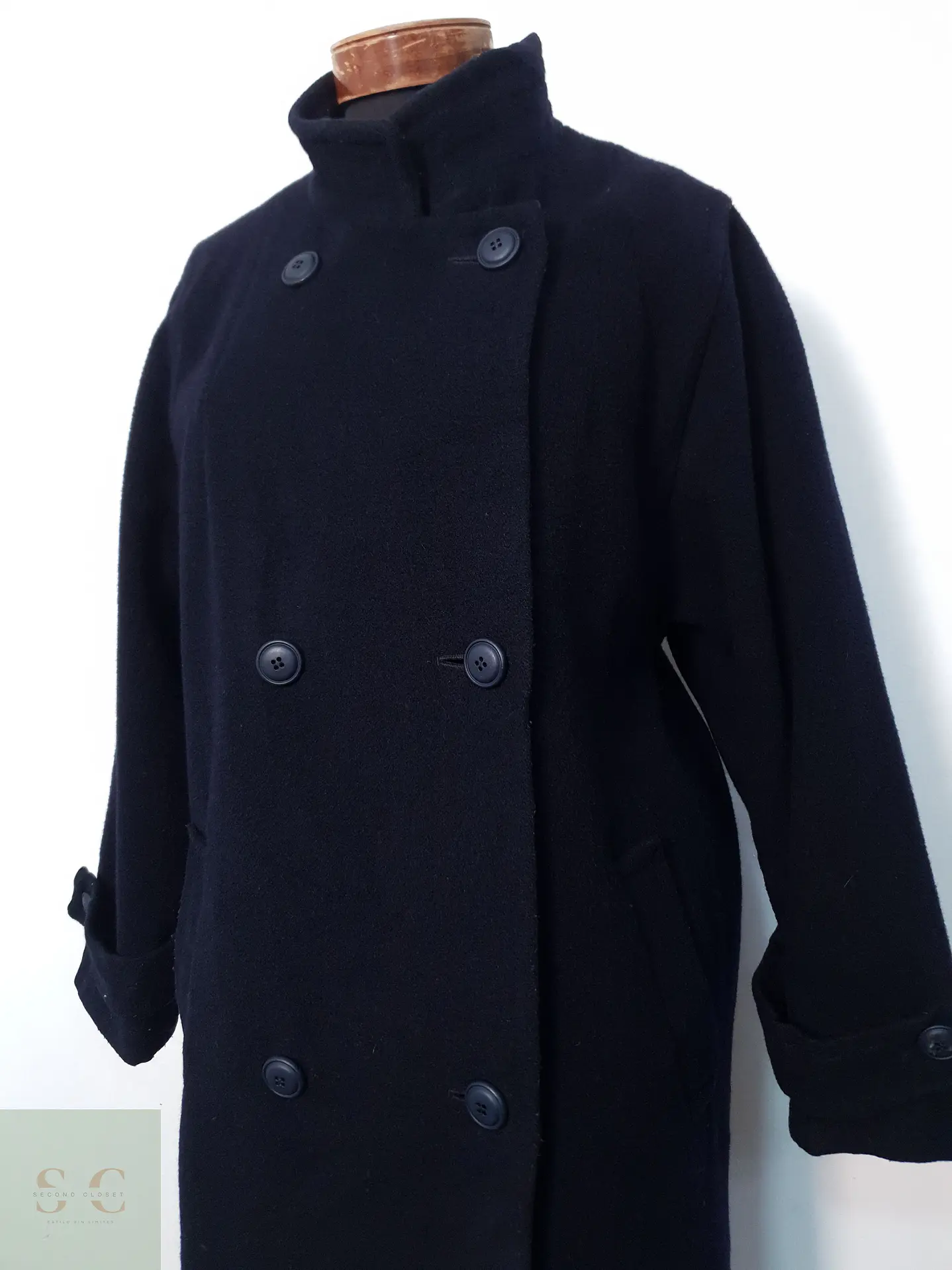 Abrigo Largo Lana Mujer Azul Marino Cruzado Talla ML 3