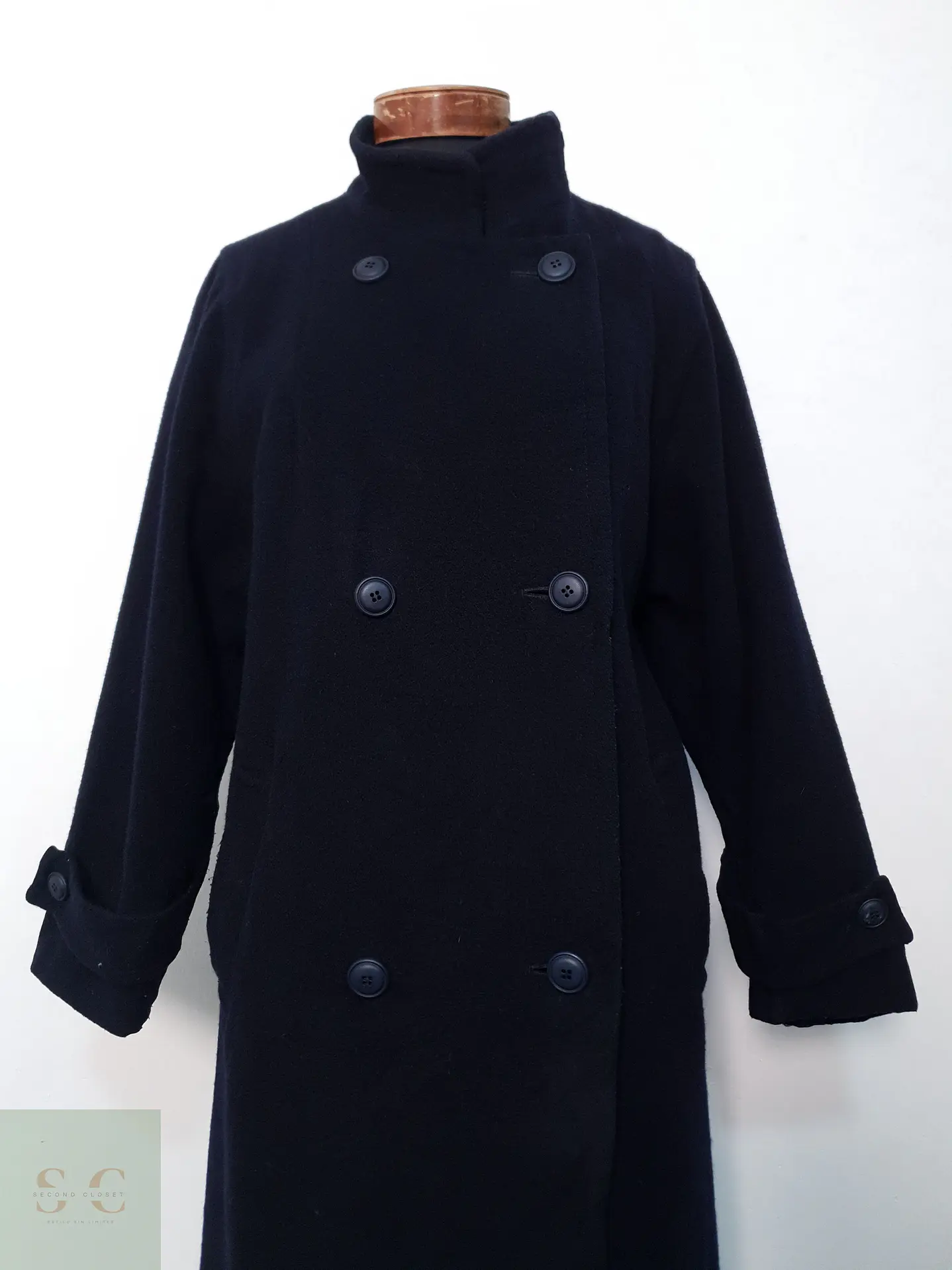 Abrigo Largo Lana Mujer Azul Marino Cruzado Talla ML 4