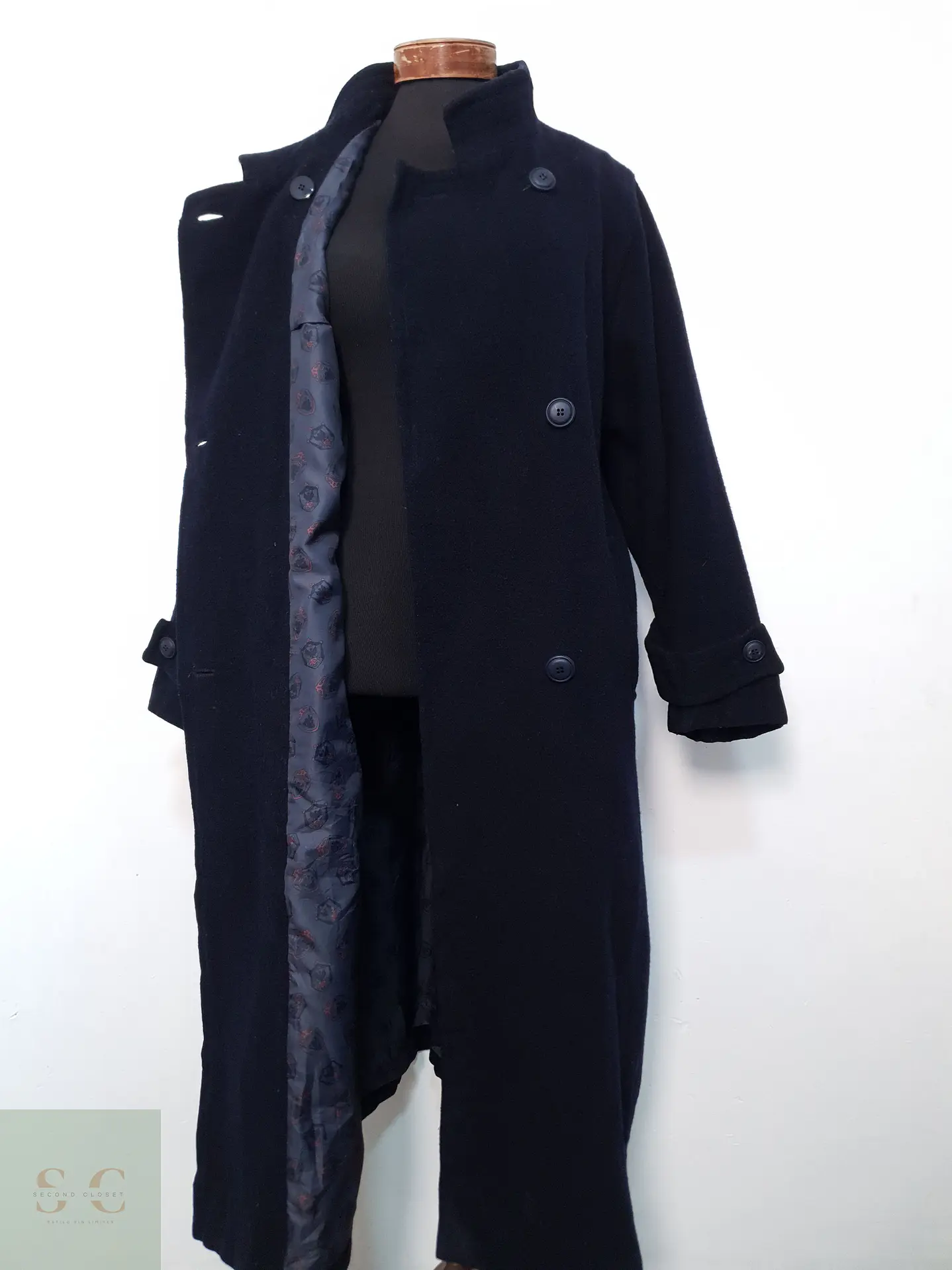 Abrigo Largo Lana Mujer Azul Marino Cruzado Talla ML 8