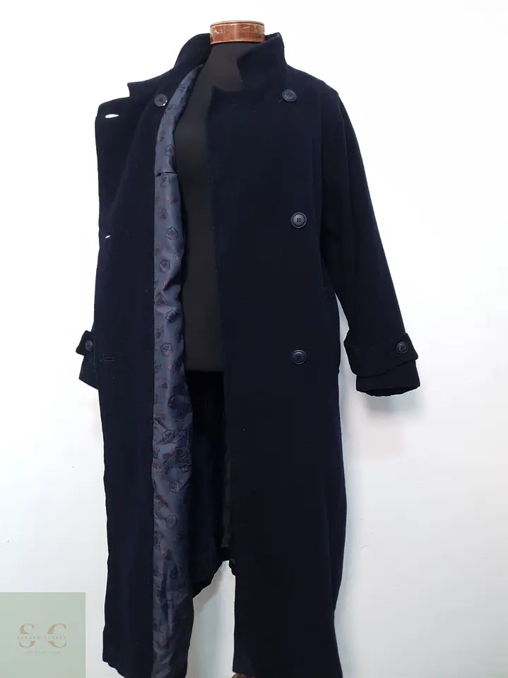 Abrigo Largo Lana Mujer Azul Marino Cruzado Talla ML 8